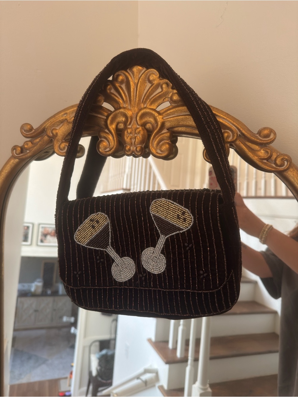 Beaded Brown Velvet Shoulder Bag with Silver & Gold Martini Glass Motif